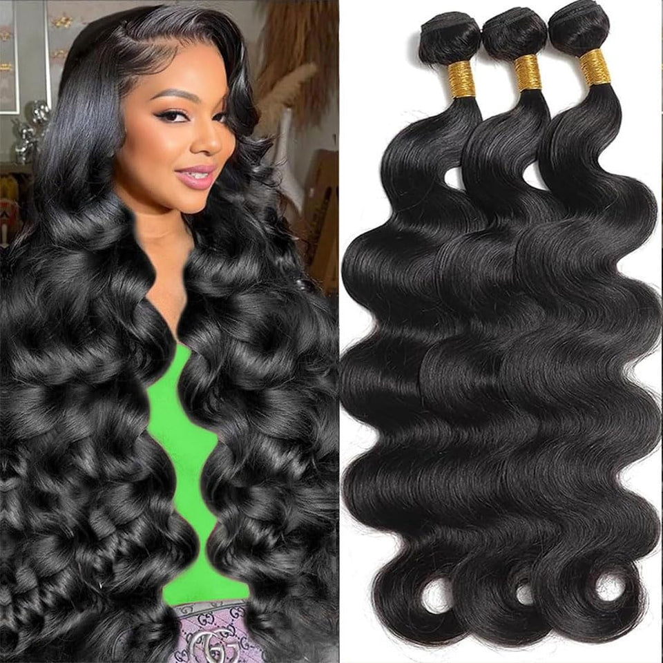 MDL front view of three body wave bundles showing natural color and soft volume