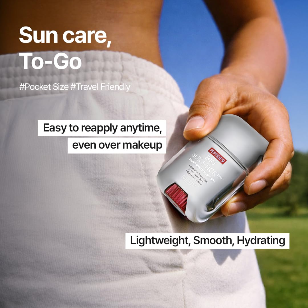 MDP sunstick layered over makeup demonstrating no-patchy finish benefit