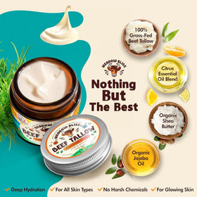 Meadow Bliss ingredients display with shea, jojoba, and grass-fed tallow benefits