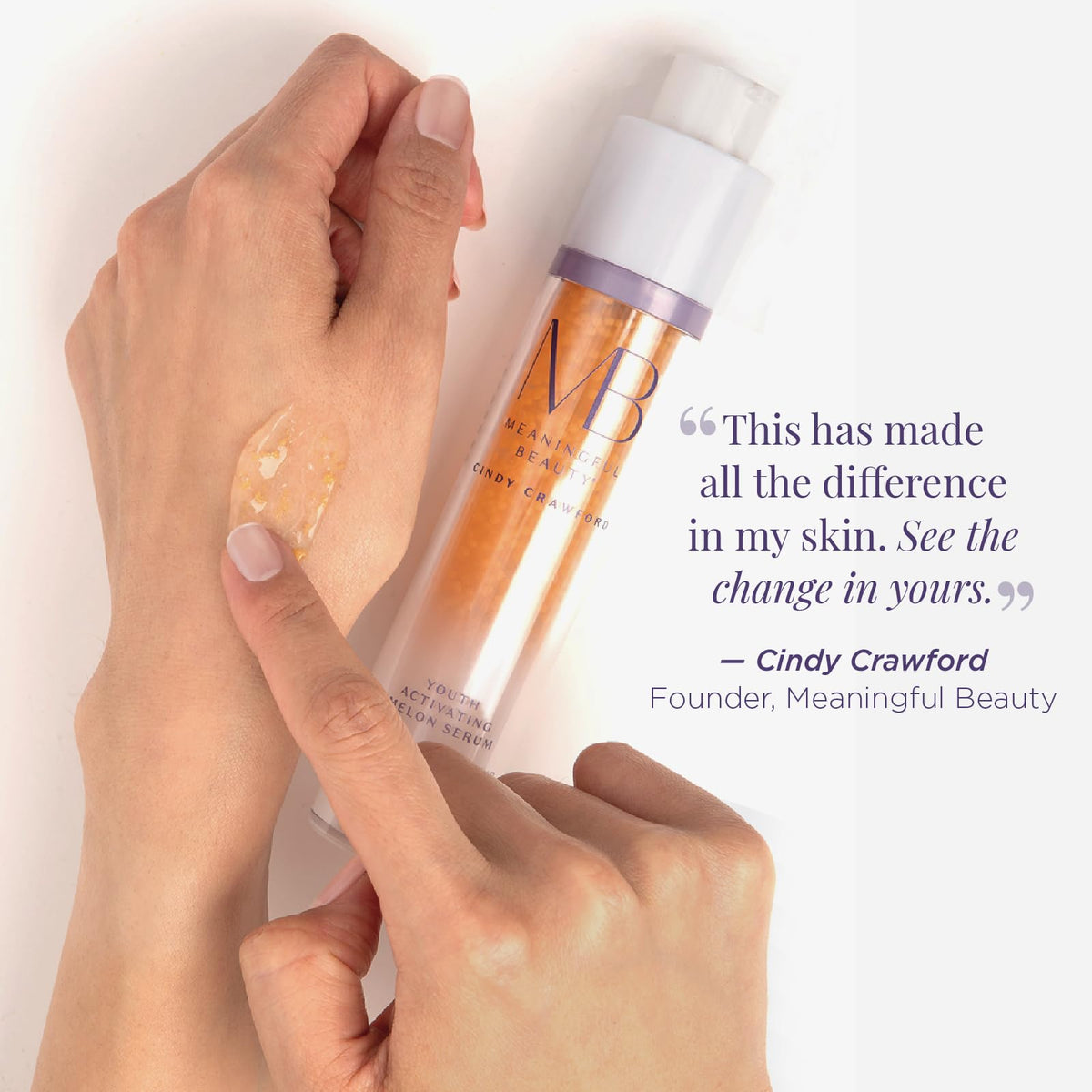Meaningful Beauty bottle in hand for scale showing portable daily serum convenience