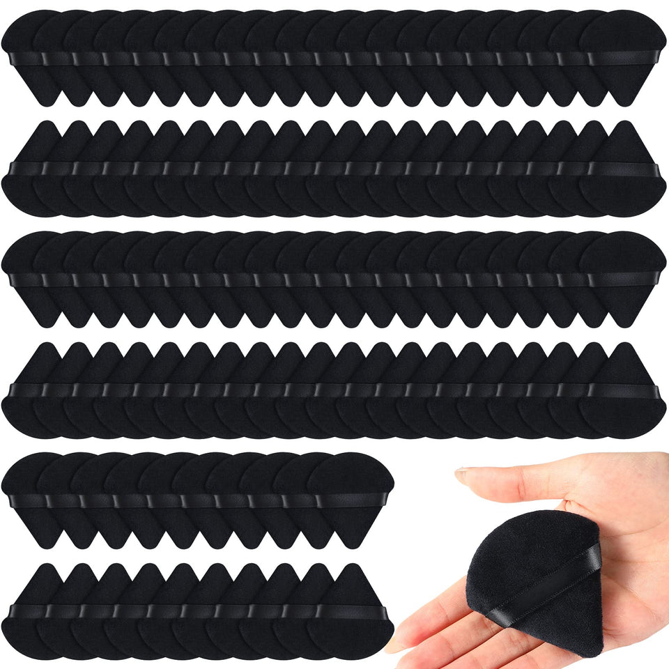Meanplan front packaging showing 100 black triangle powder puffs and quantity benefit