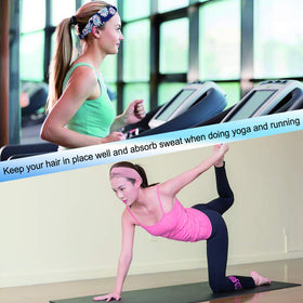 Meartchy headband worn during yoga demonstrating sweat-wicking and stay-in-place benefit