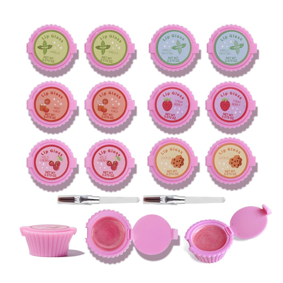 Mebtmel front packaging showing colorful cupcake lip glosses for party favors