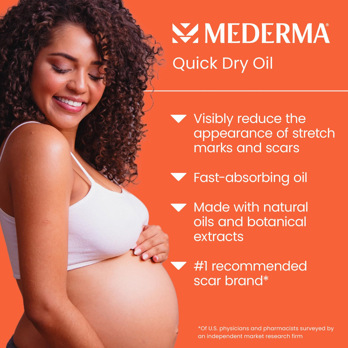 Mederma texture on hand showcasing fast-absorbing oil that leaves skin soft