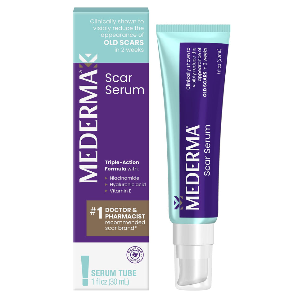 Mederma bottle front packaging showing product and brand for visible scar improvement
