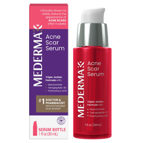Mederma serum front packaging showing bottle and brand for targeted scar care benefit
