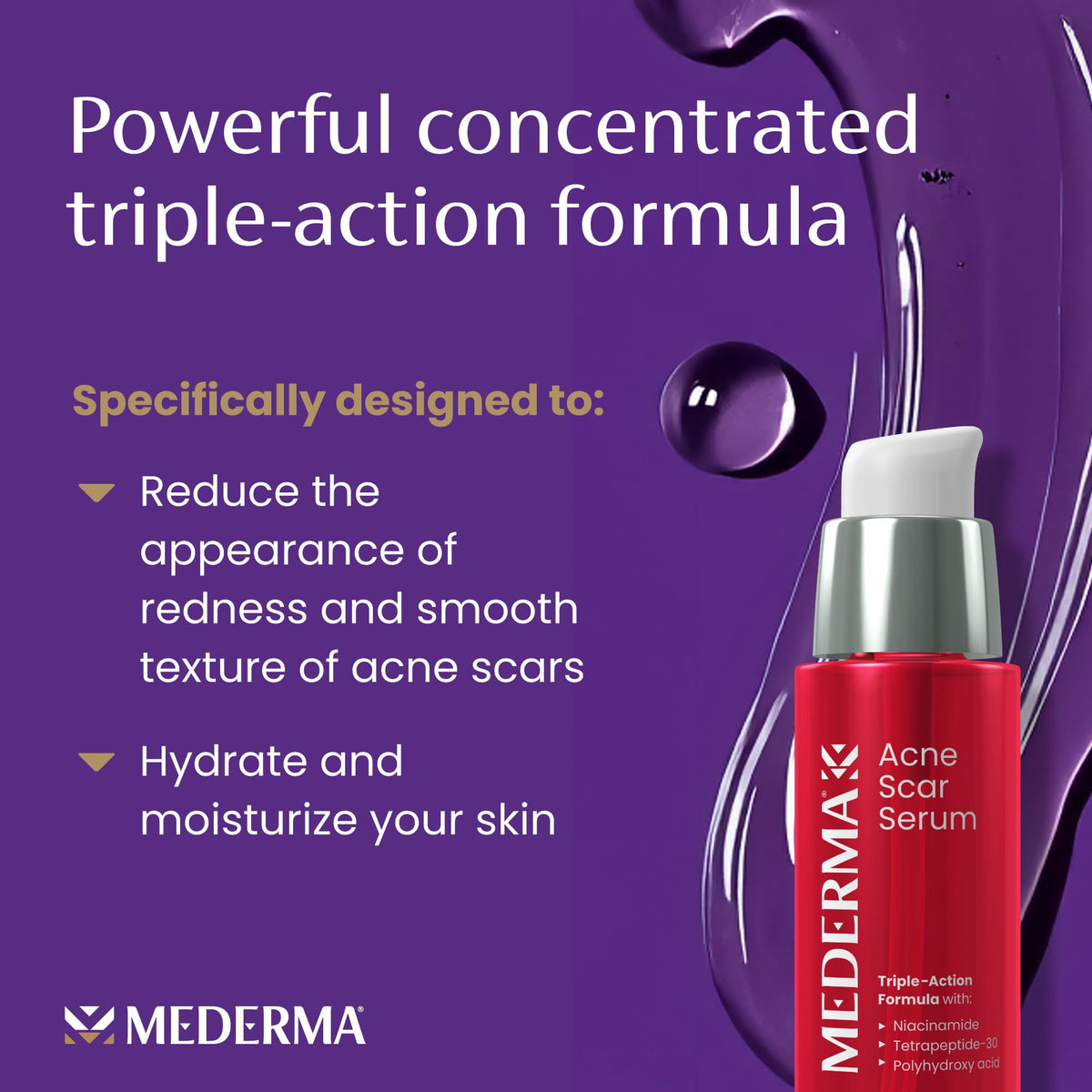 Close-up of Mederma serum texture demonstrating lightweight hydration and absorption