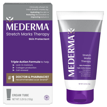 Mederma front packaging showing tube and clear purpose for stretch marks