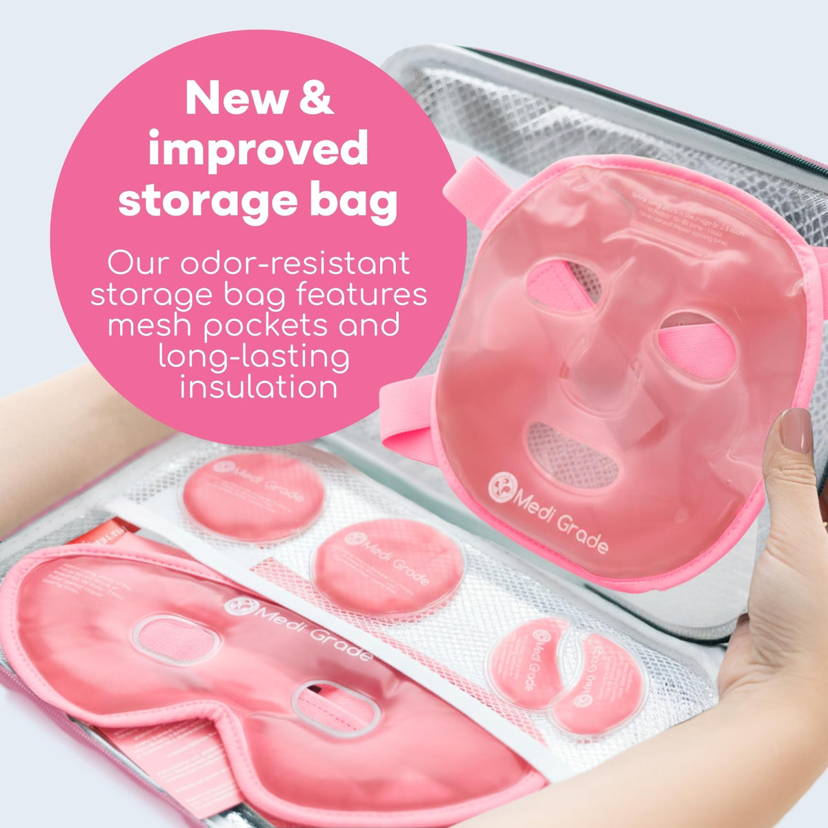 Medi Grade mask worn by model demonstrating relaxing cold therapy