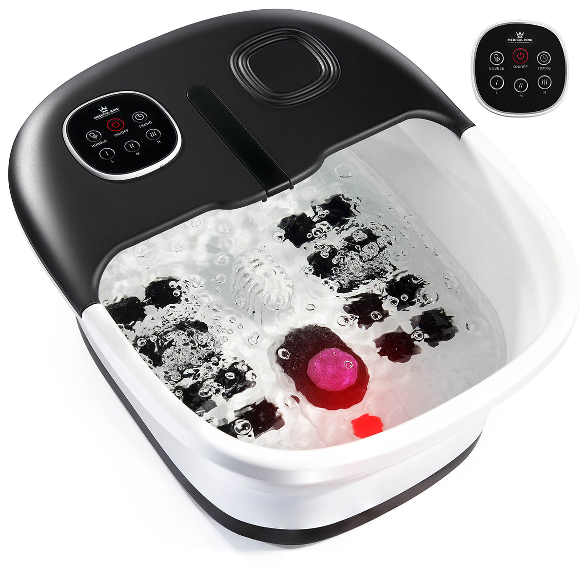 Medical king front view of foot spa showing compact design and benefits