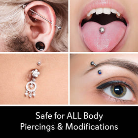 MediCleanse spray in use on ear piercing demonstrating contact-free cleaning benefit