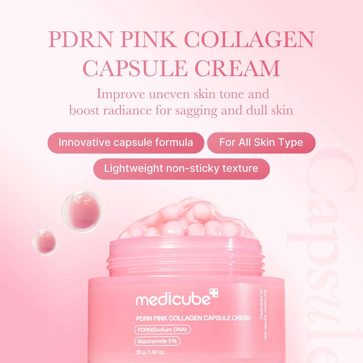 medicube capsule closeup displaying pink PDRN capsules for preserved actives