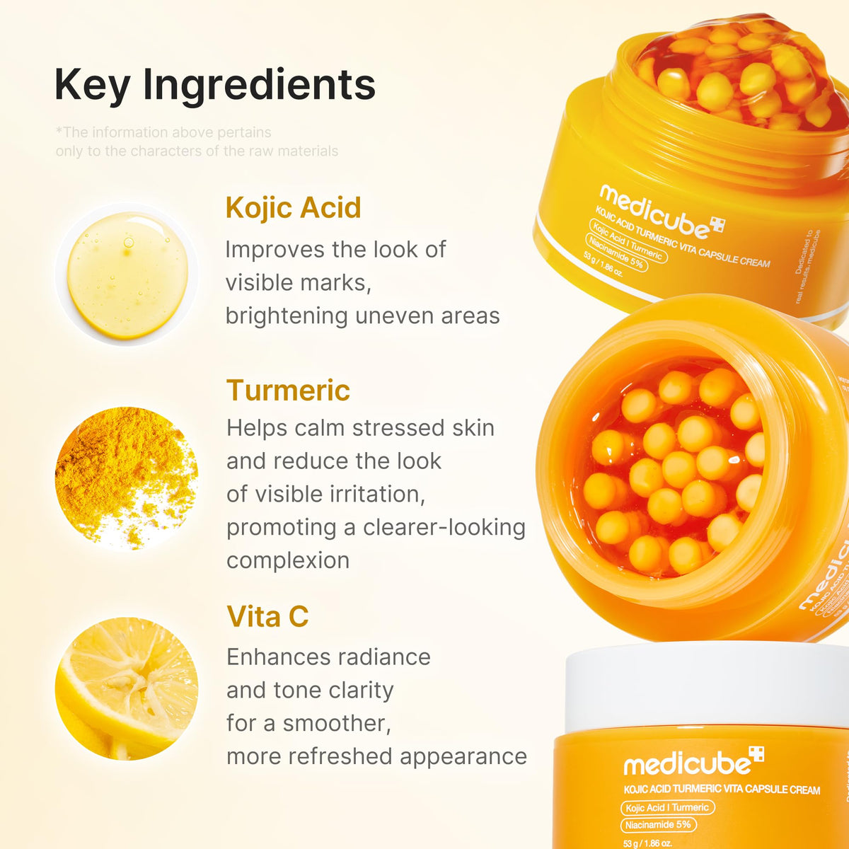 medicube close-up artwork of kojic acid and turmeric emphasizing brightening and soothing