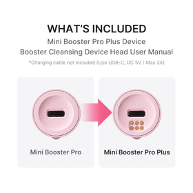 medicube opened contents layout showing main unit, cleansing head, and user guide