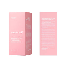 medicube serum on bathroom shelf beside moisturizer and sunscreen, suggesting routine use