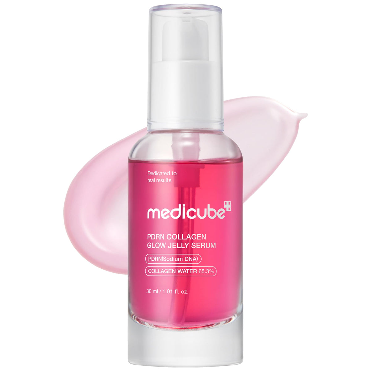 medicube front packaging showing pink jelly serum and compact design benefit glow