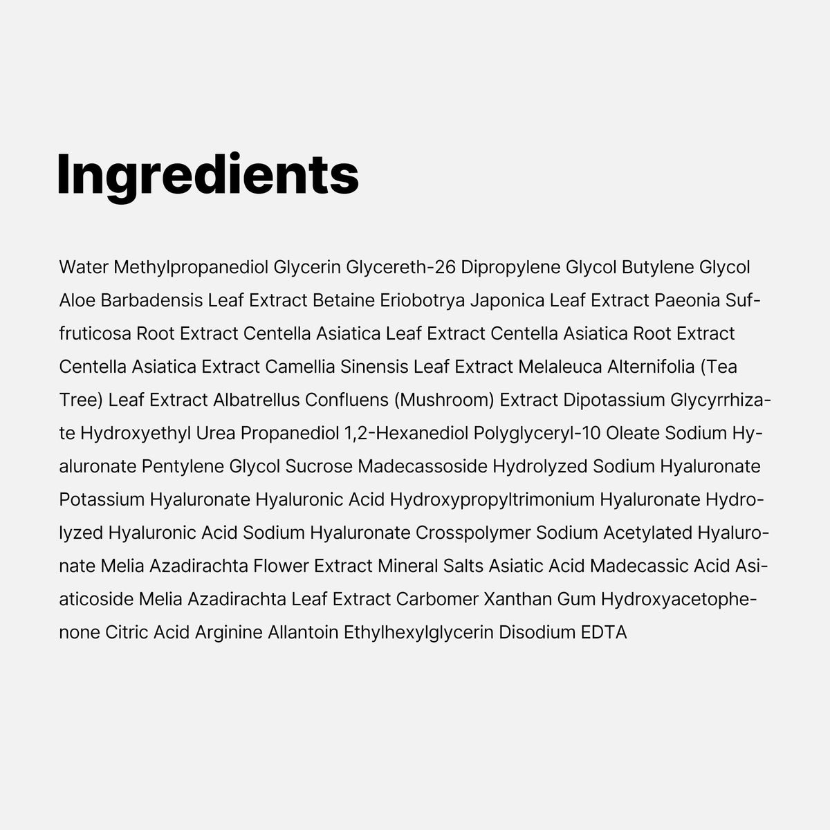 medicube ingredients panel showing 88% cica and clean formulation