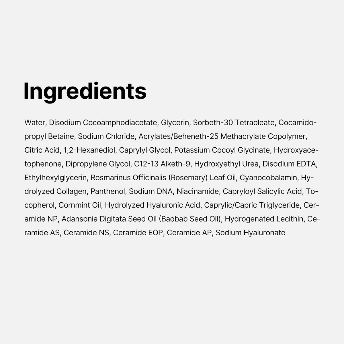 medicube label close-up showing key ingredients and low-pH claim