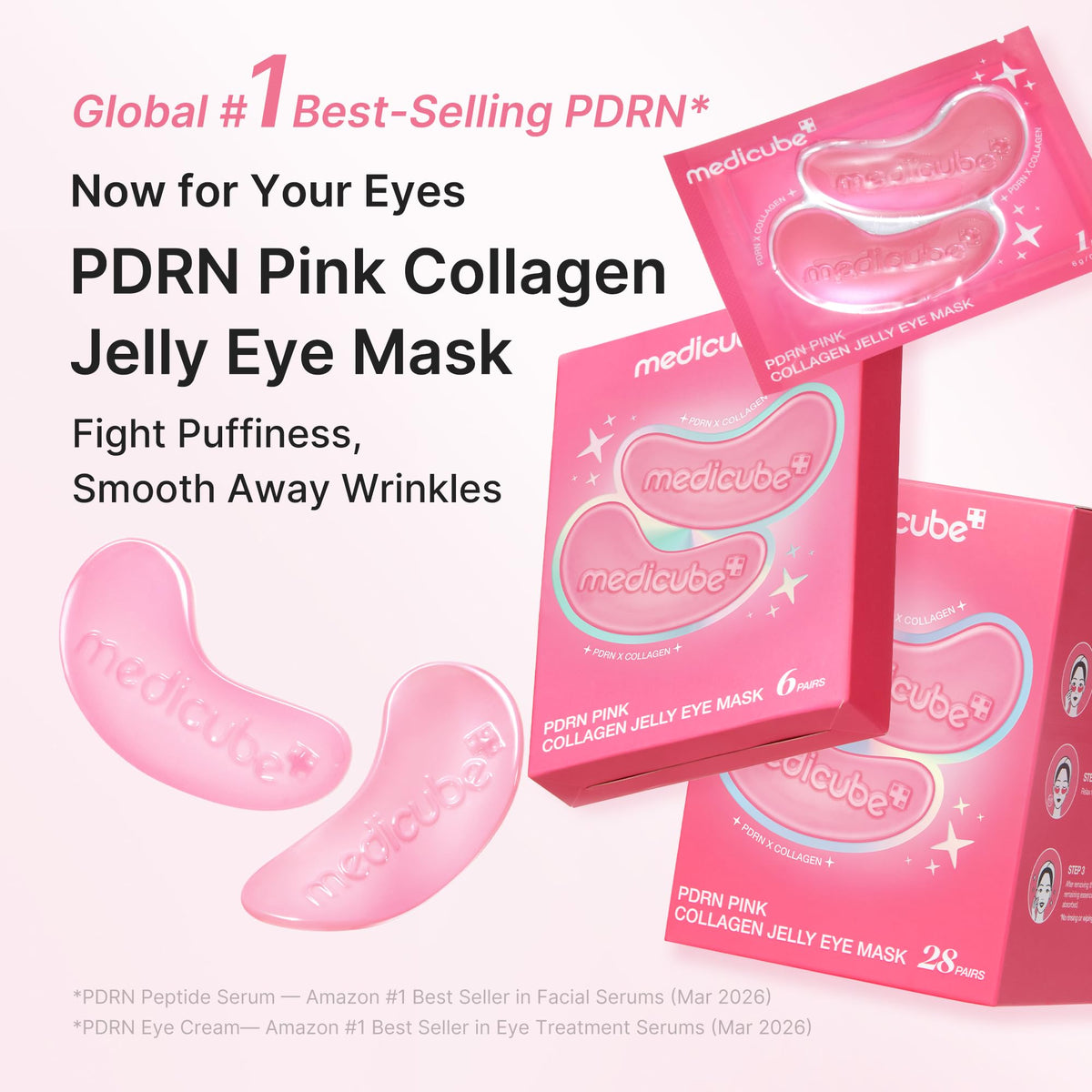 medicube open pouch revealing one pair of pink hydrogel patches, hygienic convenience