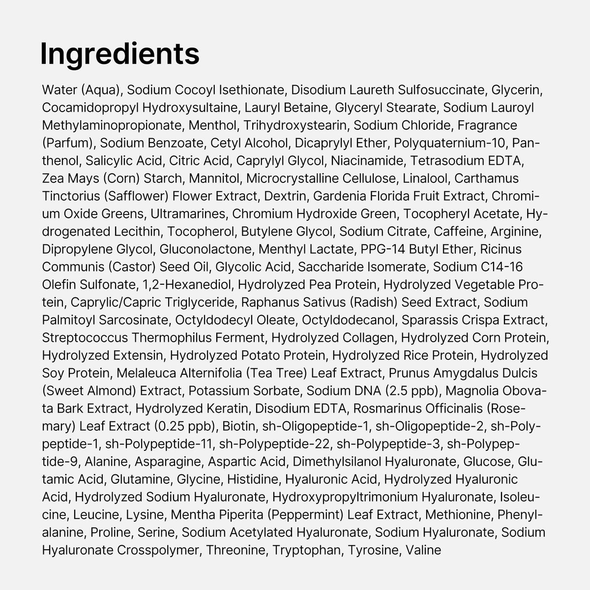 medicube back label ingredient list emphasizing transparency and product details