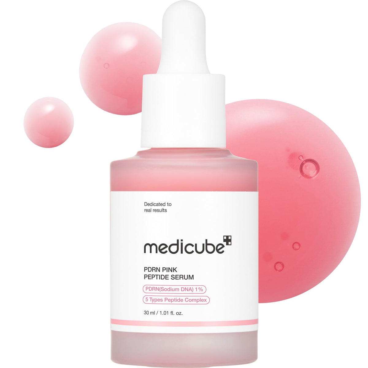 medicube front bottle of pink peptide serum showing sleek packaging and glow