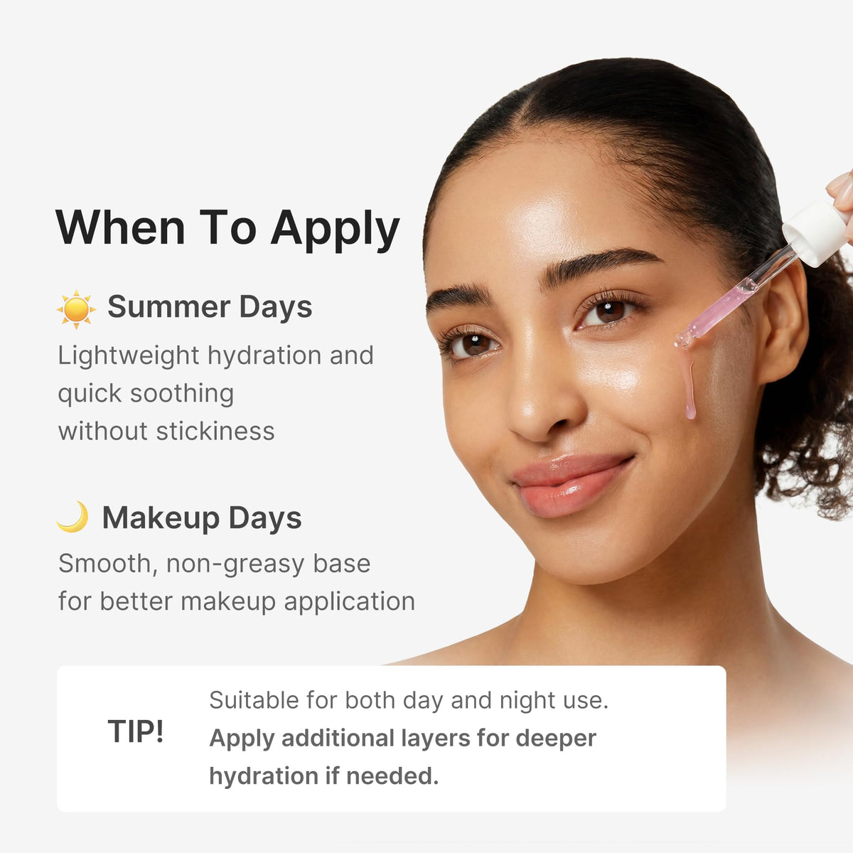 medicube serum on skin being absorbed showing non-sticky finish and glow