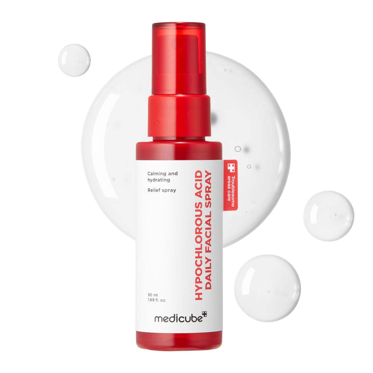 medicube spray front packaging showing compact bottle and clear label, soothing relief