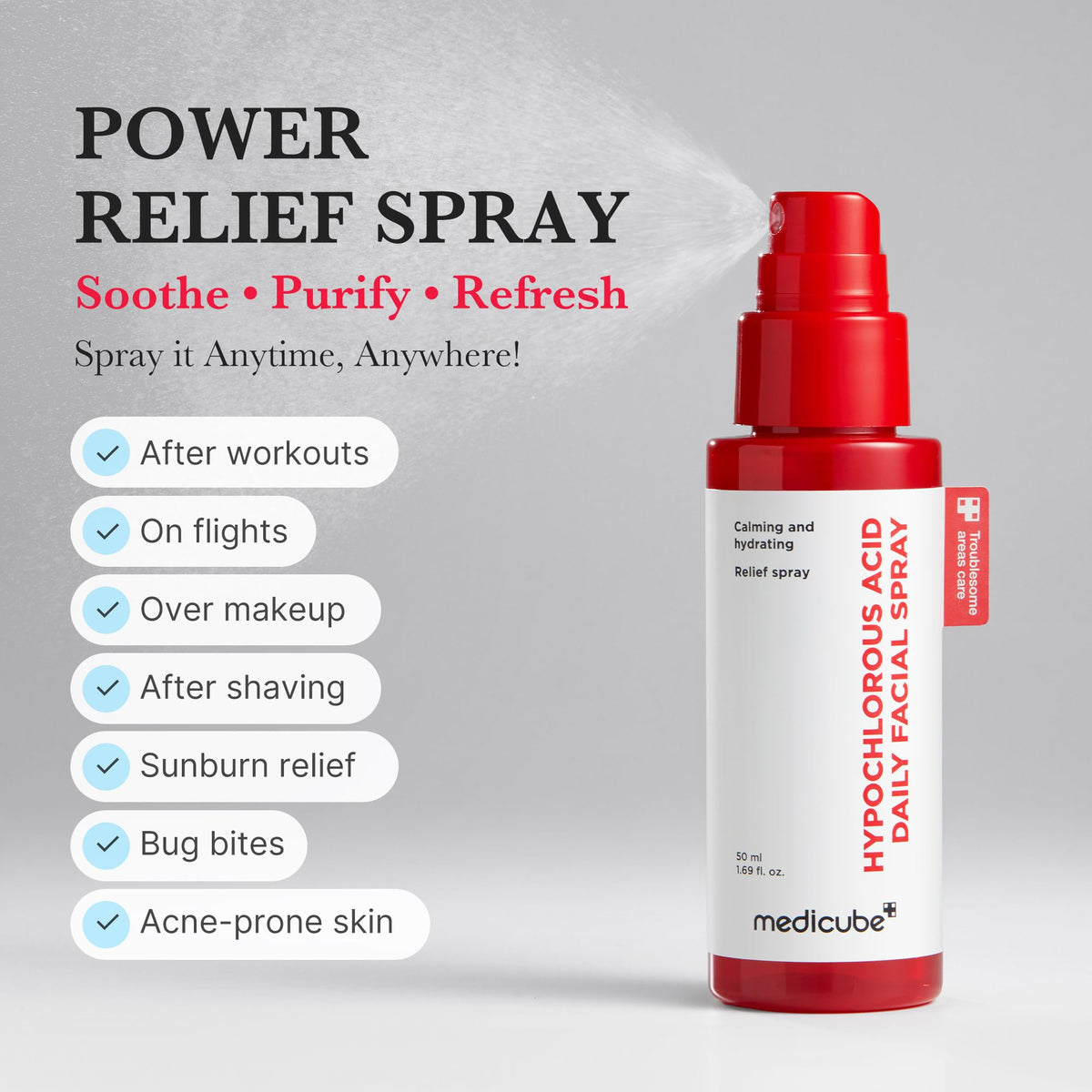 medicube spray beside sunscreen to show 1.69 fl.oz scale for travel convenience