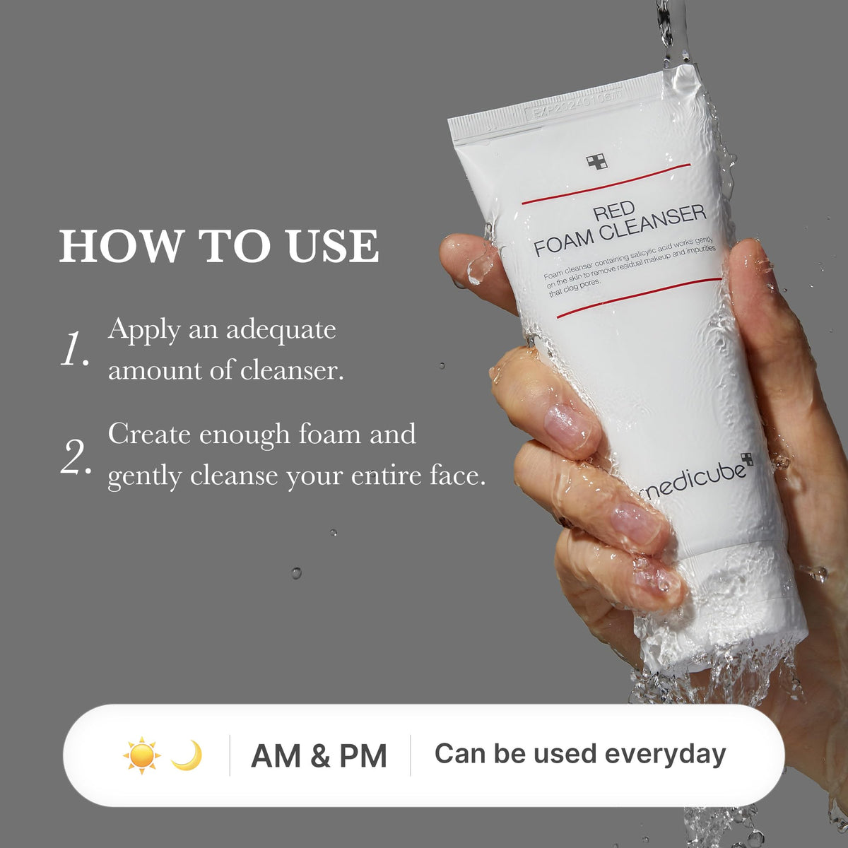 medicube bottle staged with other skincare items, suggests routine compatibility
