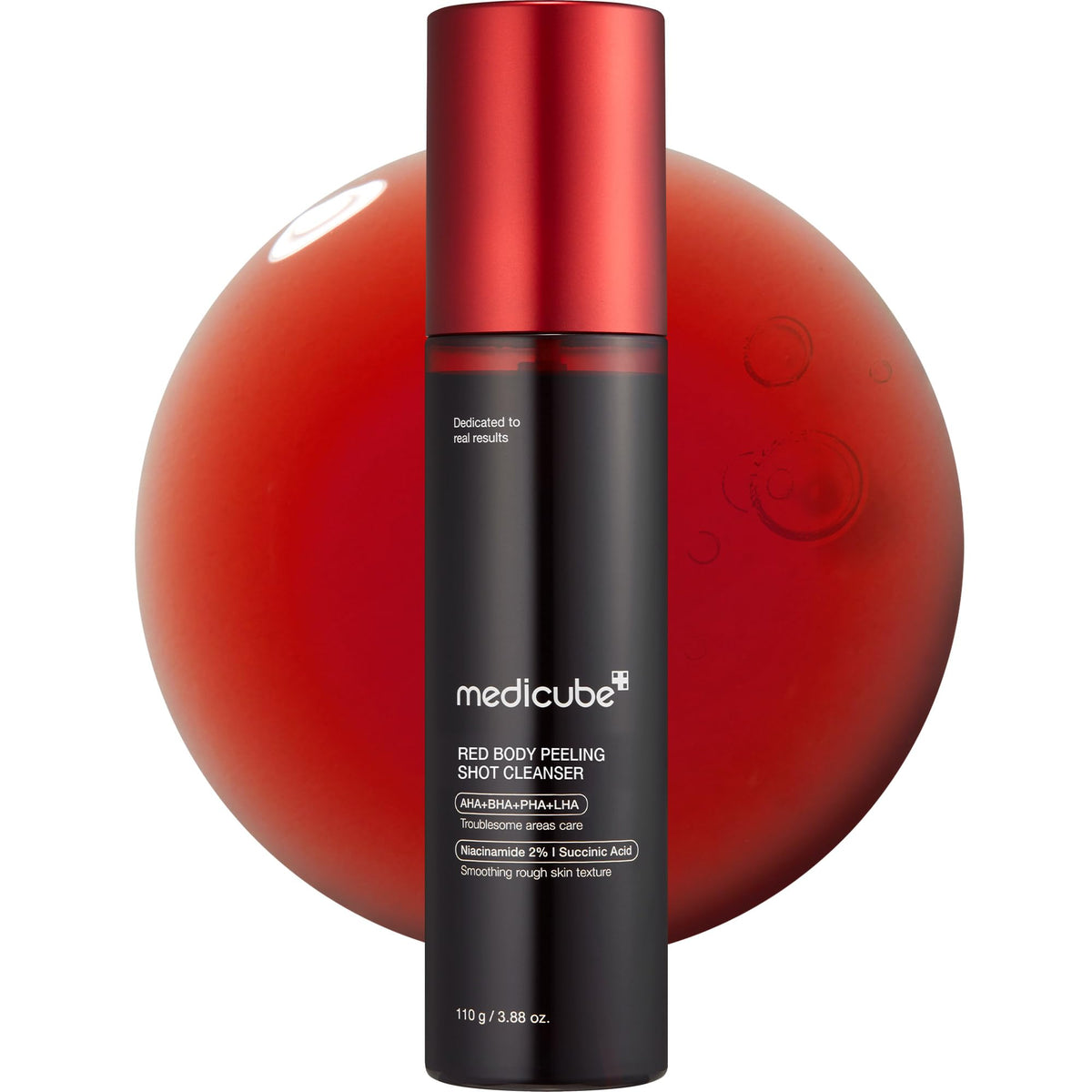 medicube front packaging showing bottle and label, easy application benefit