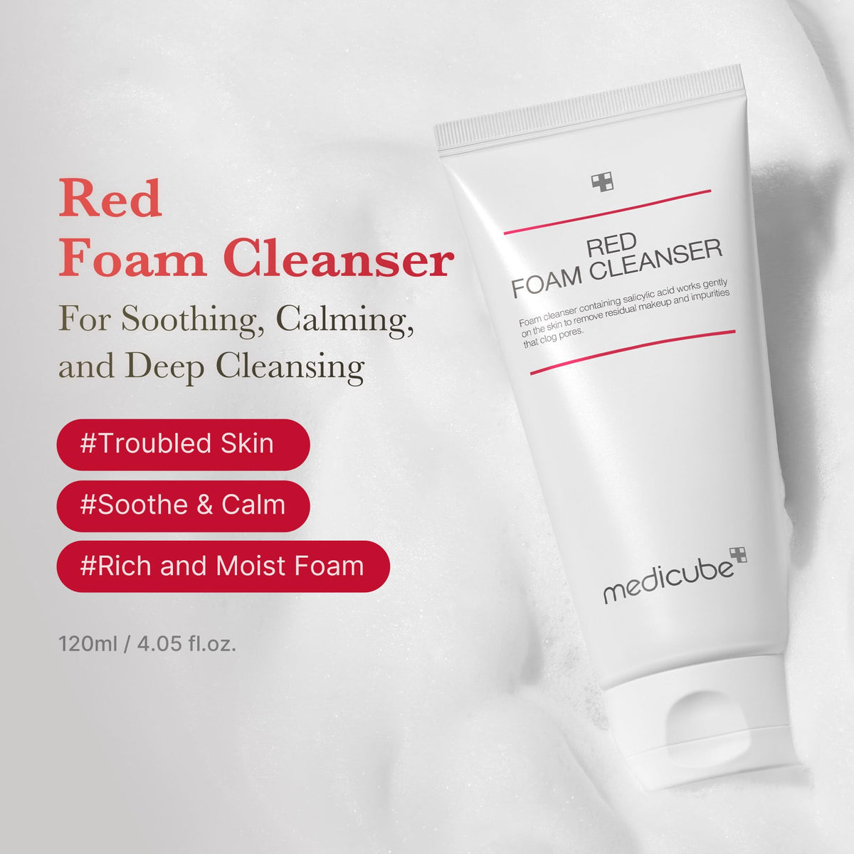 medicube close-up of rich red foam texture, highlights gentle hydration