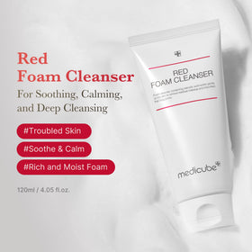 medicube close-up of rich red foam texture, highlights gentle hydration