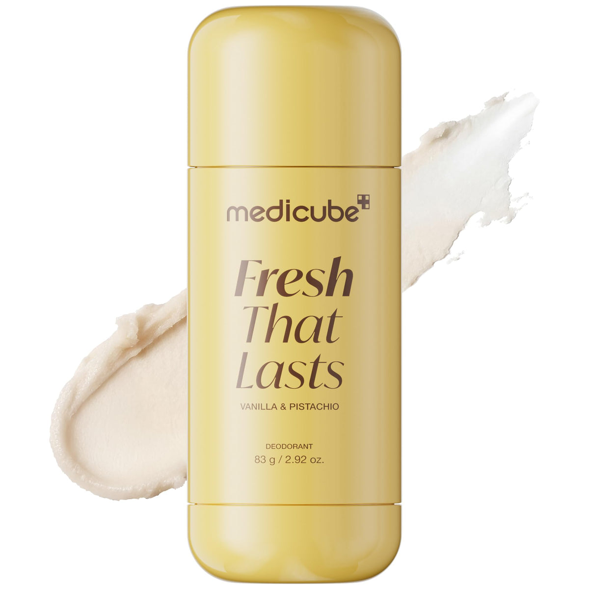 medicube front view of deodorant stick showing vanilla pistachio scent and sleek design