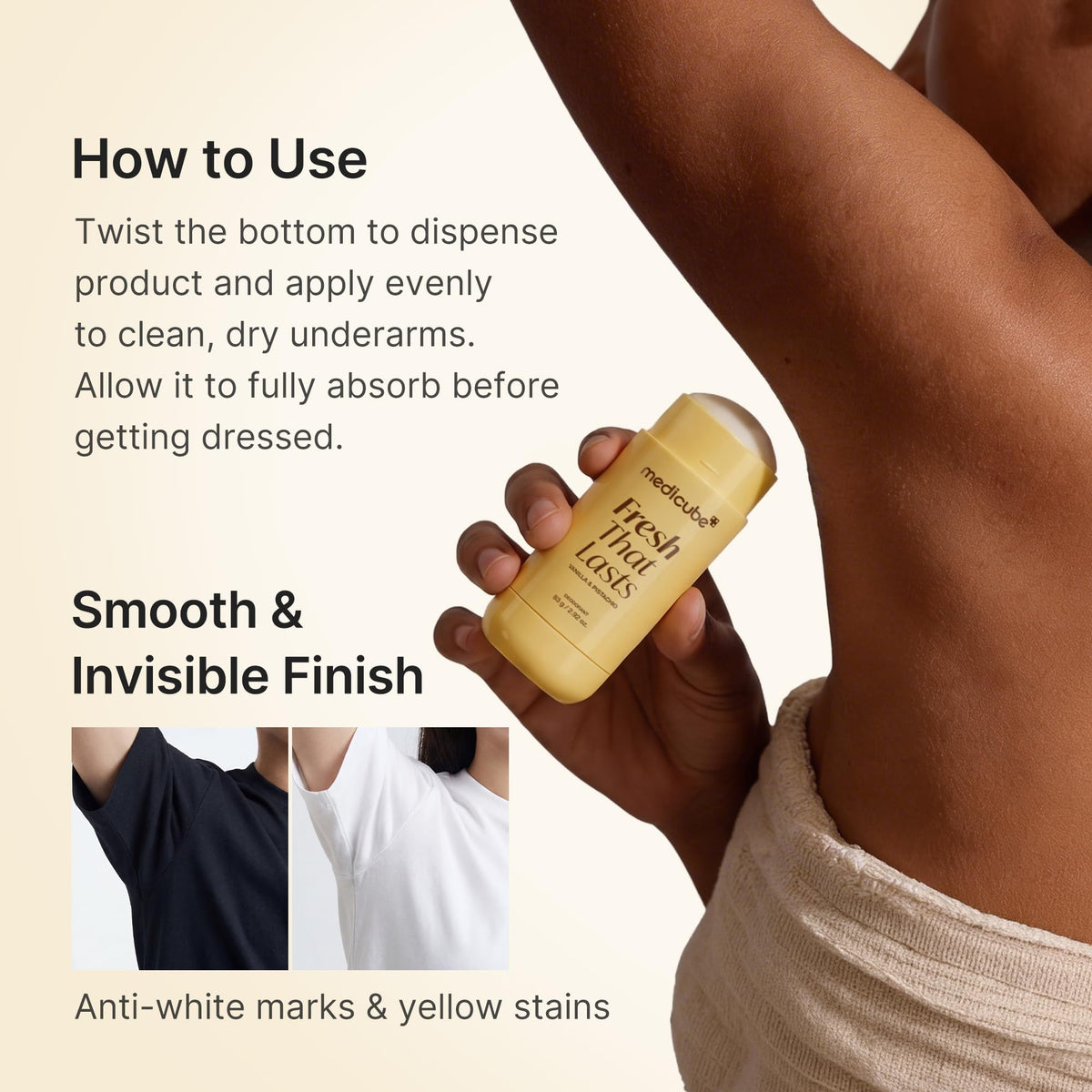 medicube applying deodorant to underarm demonstrating no-white-mark finish