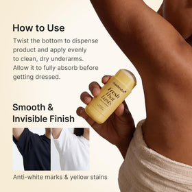 medicube applying deodorant to underarm demonstrating no-white-mark finish