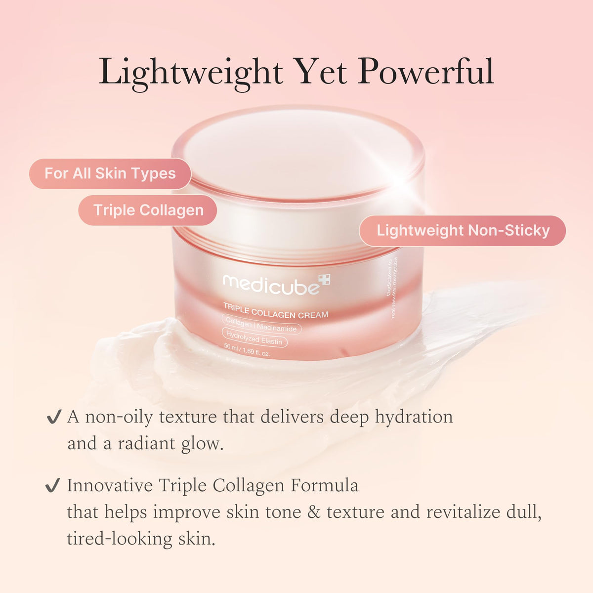 medicube close-up of key ingredients highlighting collagen and elastin benefits