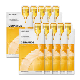MEDIHEAL front packaging showing 10 vegan ceramide sheet masks and benefits
