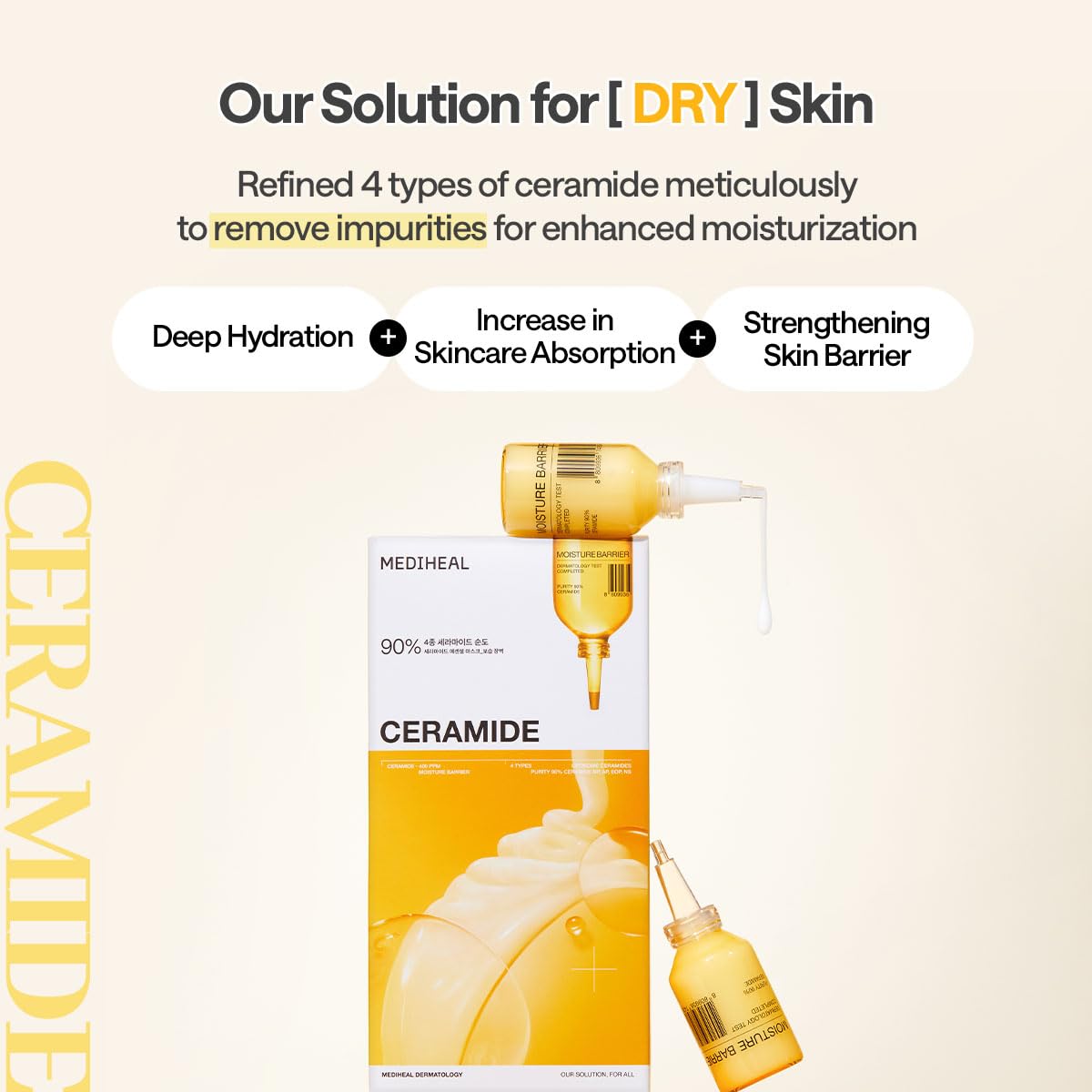 MEDIHEAL ingredient shot of ceramide and panthenol emphasizing barrier support