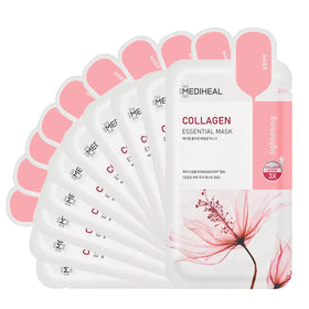MEDIHEAL front packaging showing 10-sheet collagen mask, value and benefits