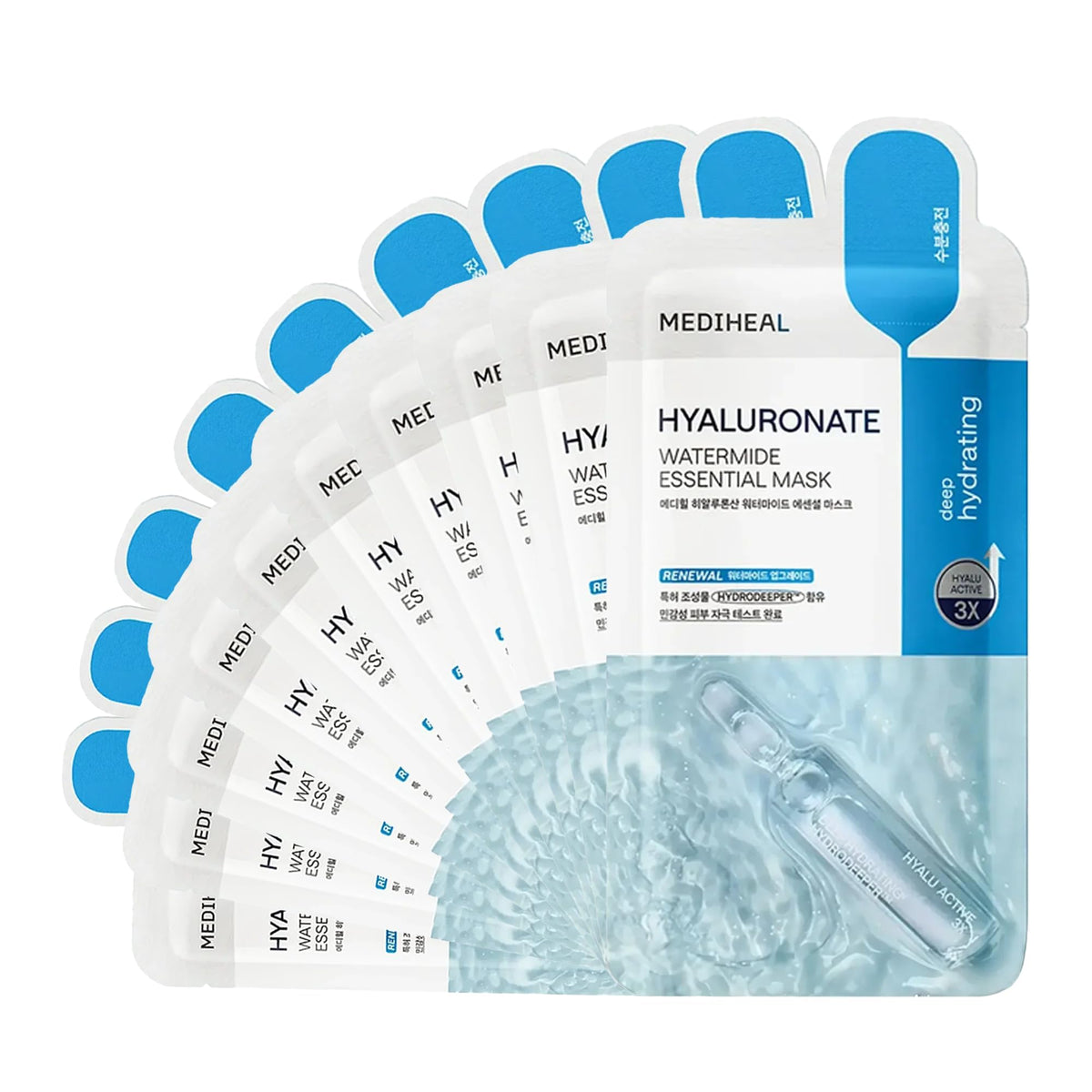 MEDIHEAL front packaging showing 10-count hydrating mask and benefits