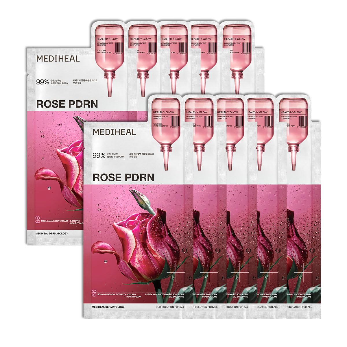 MEDIHEAL front packaging showing 10 vegan sheet masks and clear branding benefit