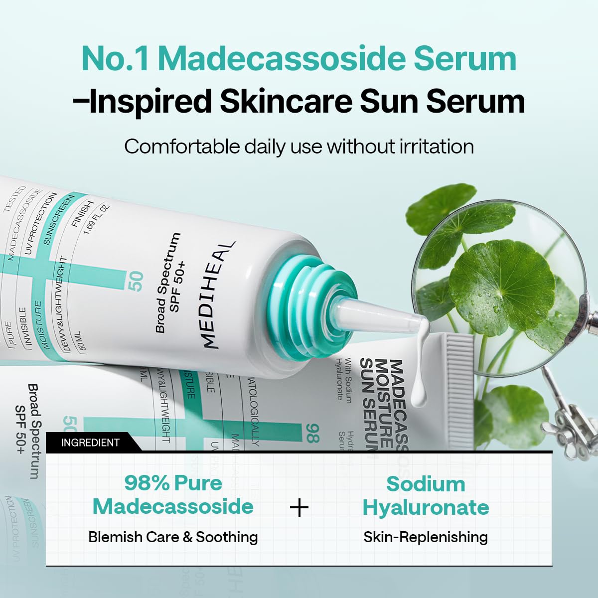 MEDIHEAL label close-up showing key ingredients and sunscreen info