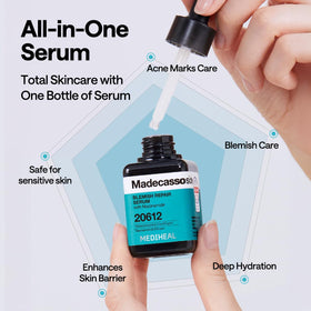 MEDIHEAL bottle beside Centella leaves and niacinamide capsule, highlights ingredients