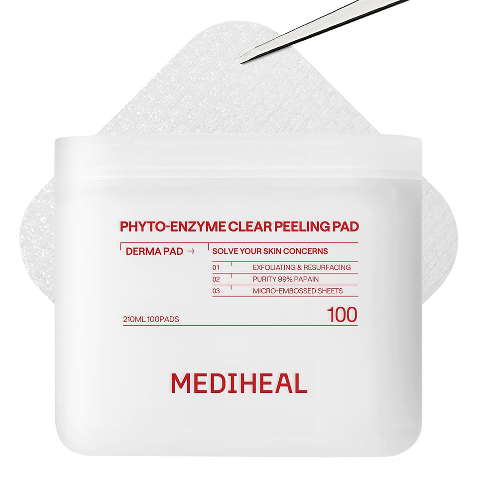 MEDIHEAL front packaging of 100-count exfoliating pads showing product benefit