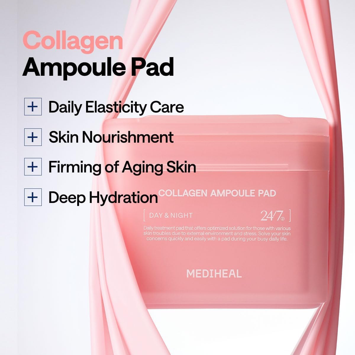 MEDIHEAL pad saturated with collagen ampoule highlighting deep hydration