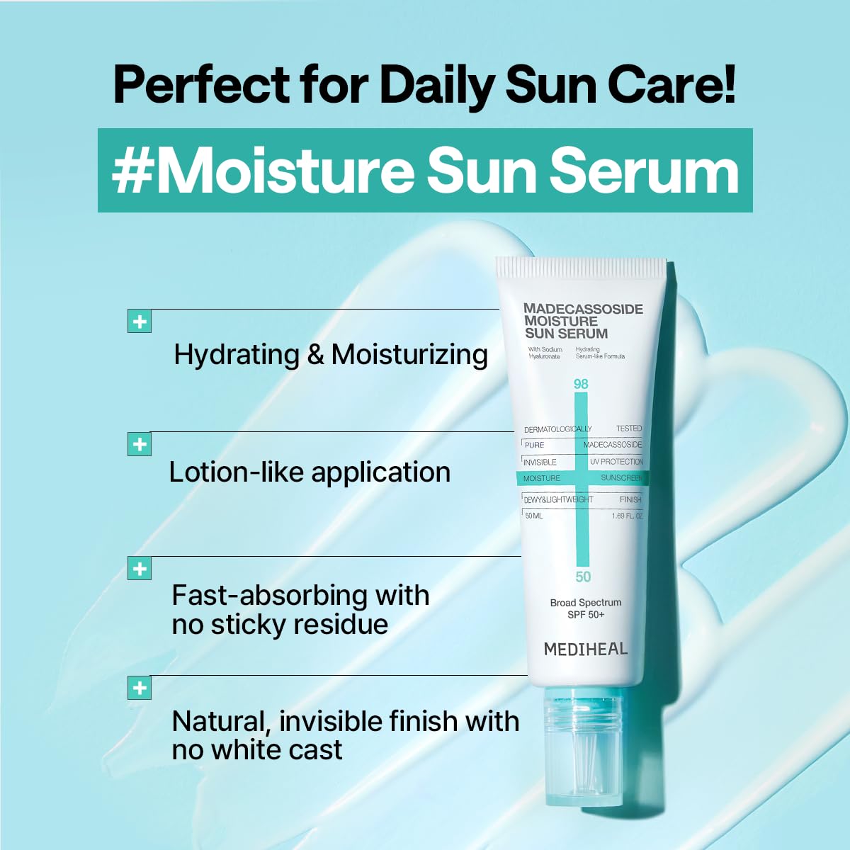 MEDIHEAL sun serum droplet on skin demonstrating hydrating finish