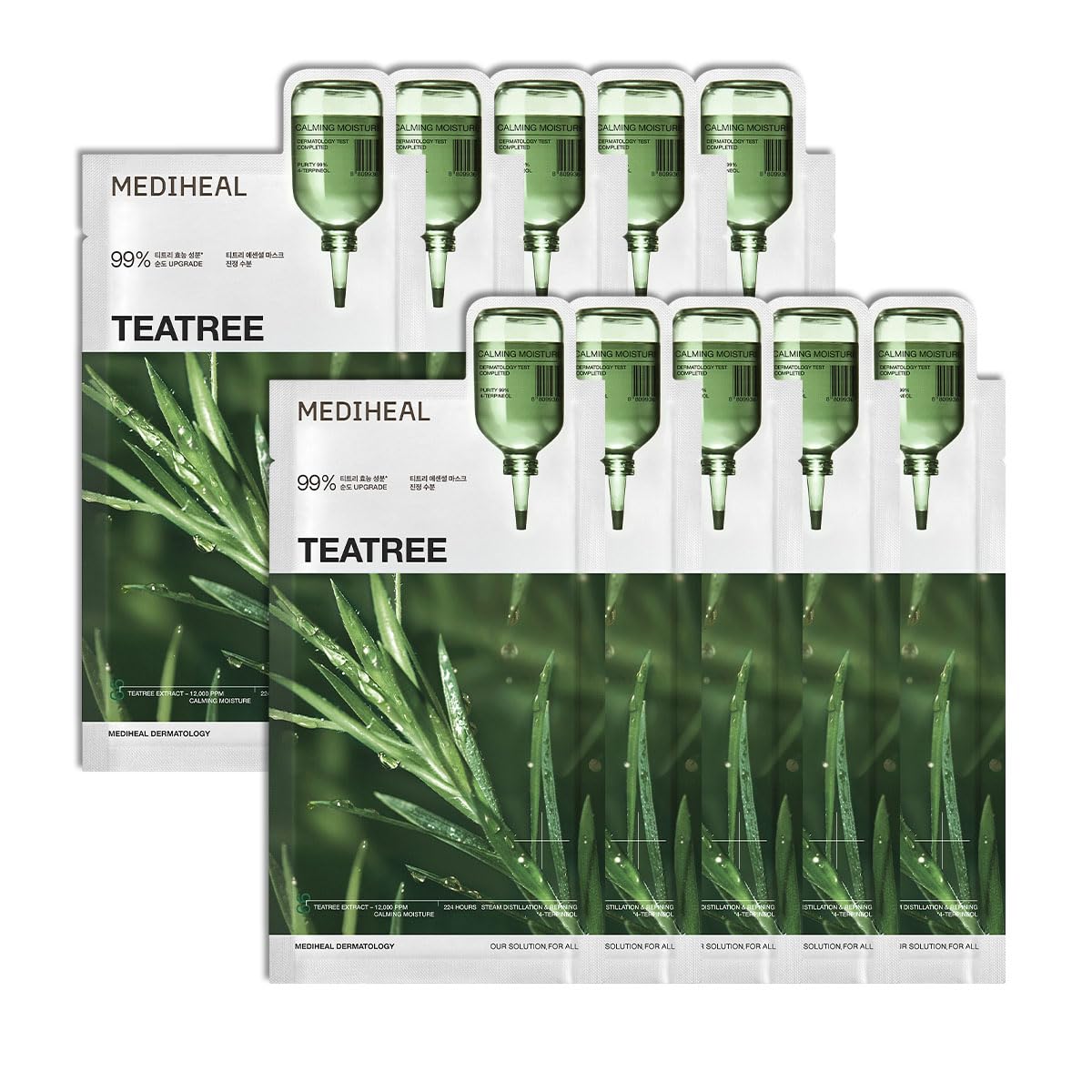 MEDIHEAL front packaging showing 10 teatree calming sheets and product benefit