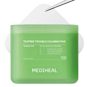 MEDIHEAL front packaging showing 100-count calming tea tree pads benefit soothe