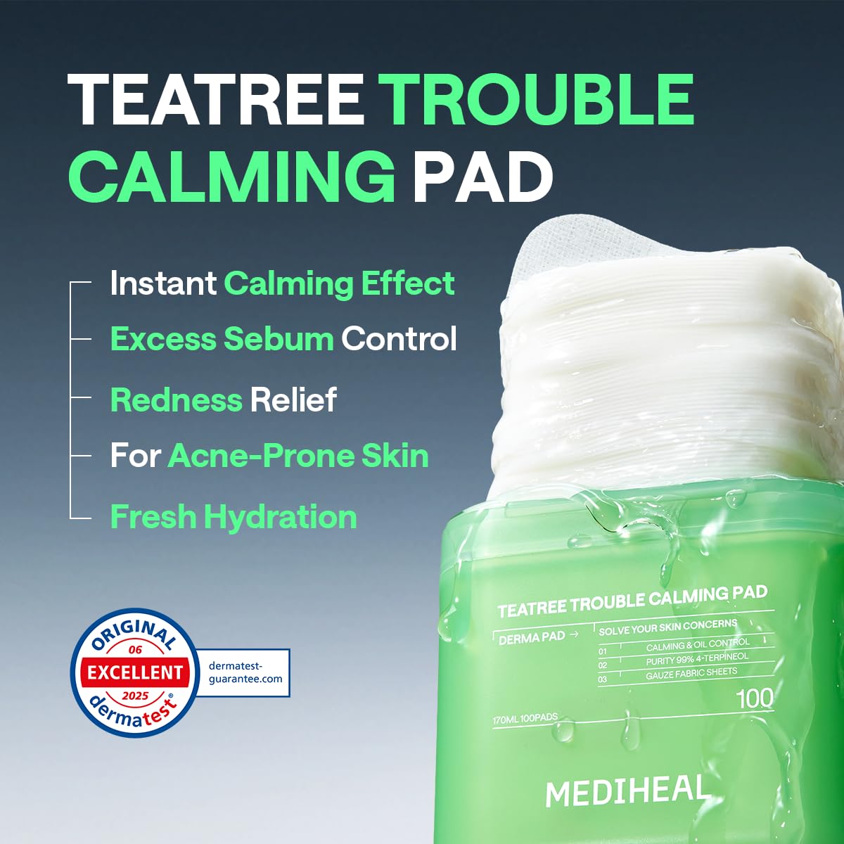 MEDIHEAL pad soaked with clear serum showing hydrating calming benefit