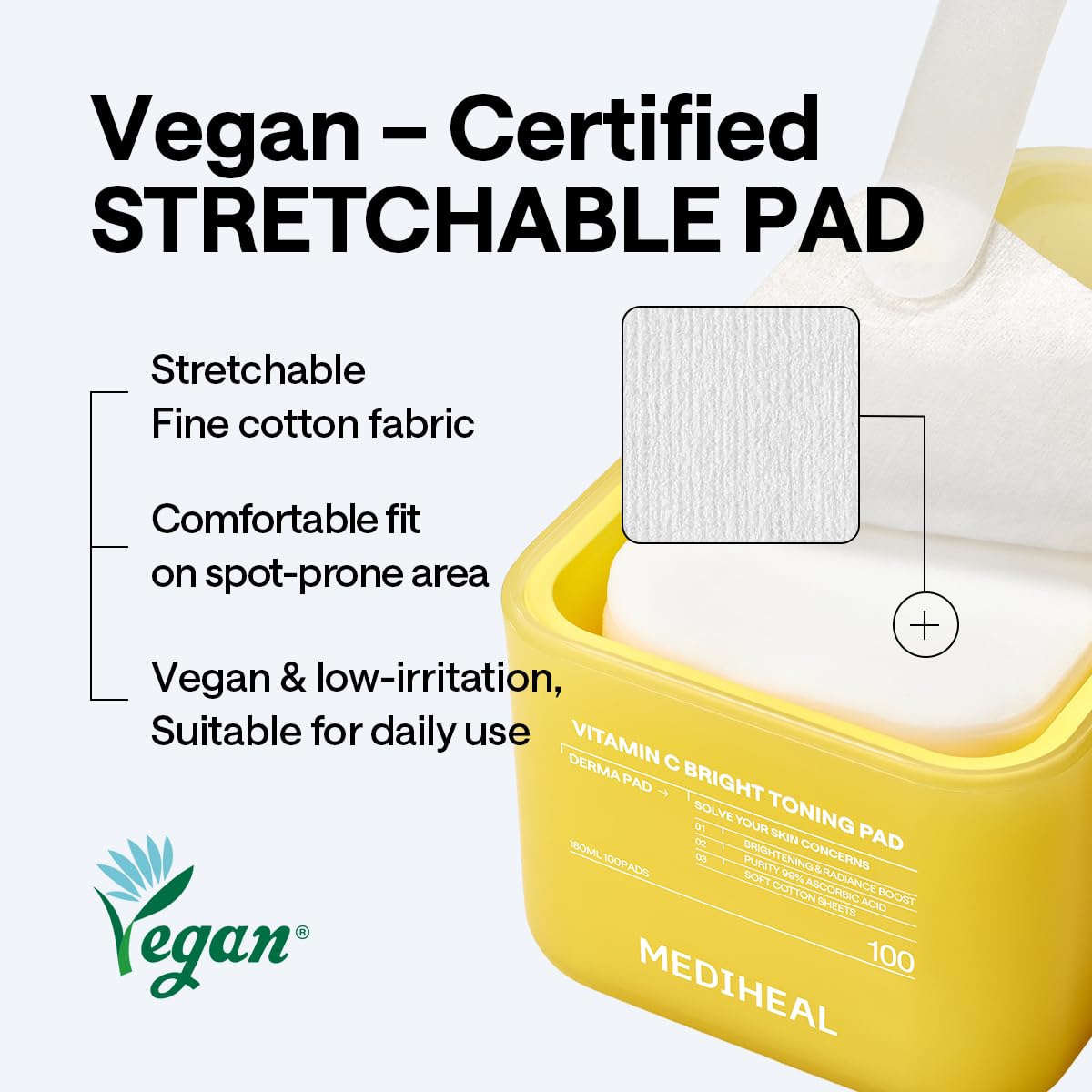 MEDIHEAL pads held in hand showing scale and travel-friendly size benefit